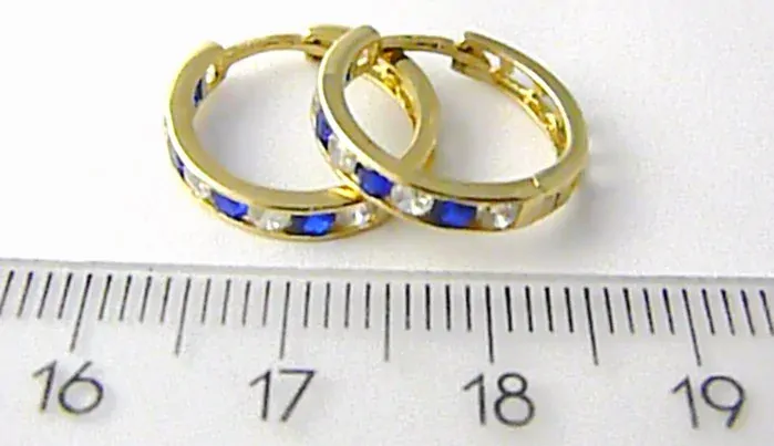 Klenoty Budín Dámské velké zlaté kruhy 14mm s modrými safíry a zirkony 585/2,01 gr HK2257