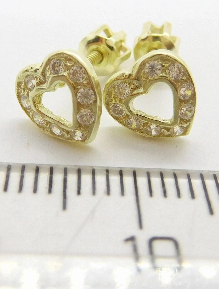 Klenoty Budín Dámské zlaté peckové náušnice srdce se zirkony na šroubek 585/1,33gr 03428