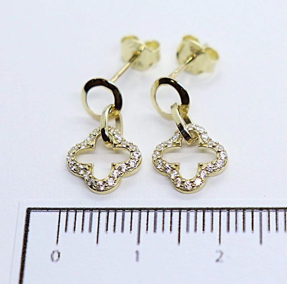 Klenoty Budín Dámské visací zlaté náušnice na puzetku se zirkony čtyřlístky 585/1,50gr HK2364