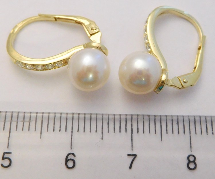 Klenoty Budín Klasické velké mohutné zlaté náušnice s velkými perlami a zirkony 585/3,16gr 235040130