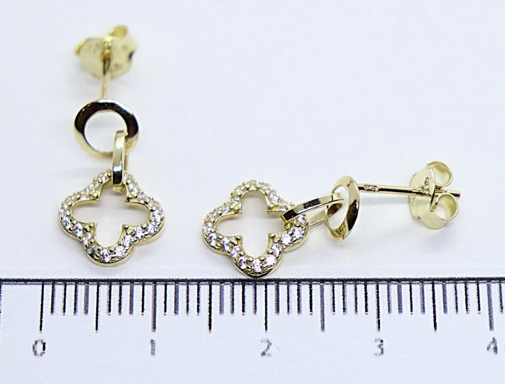 Klenoty Budín Dámské visací zlaté náušnice na puzetku se zirkony čtyřlístky 585/1,50gr HK2364