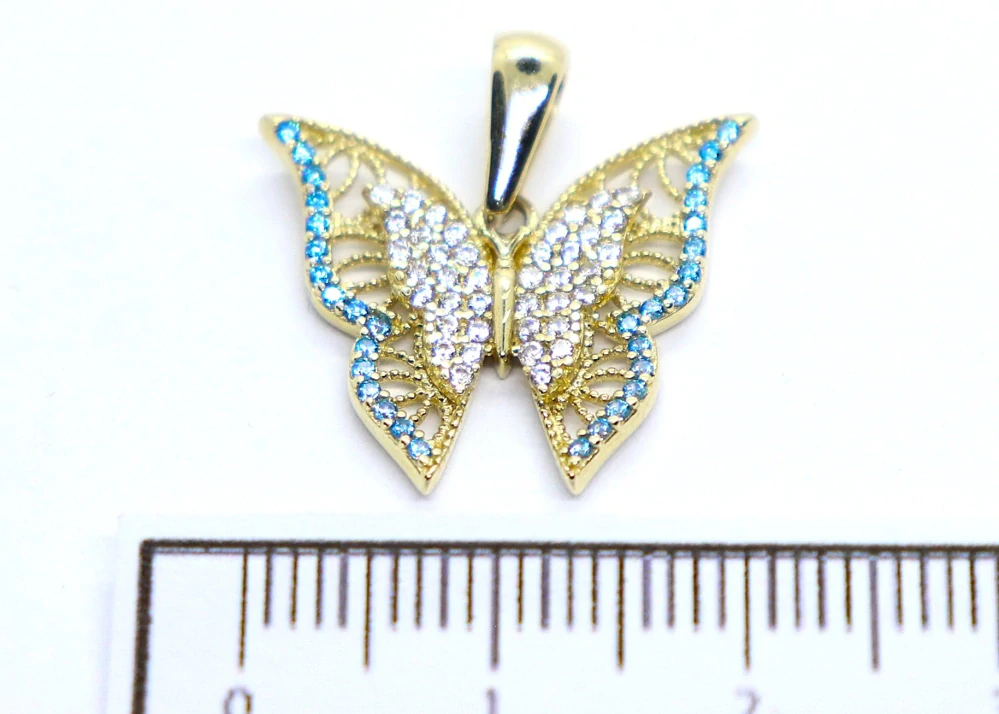 Klenoty Budín Velký dámský zlatý přívěsek se zirkony a blue topazy motýl 585/1,97gr HK3235