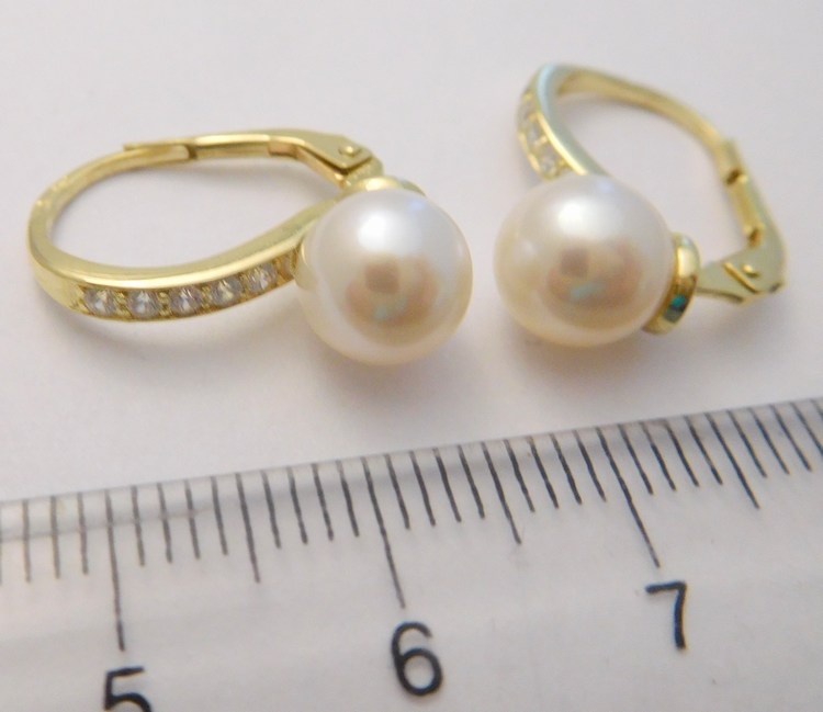 Klenoty Budín Klasické velké mohutné zlaté náušnice s velkými perlami a zirkony 585/3,16gr 235040130