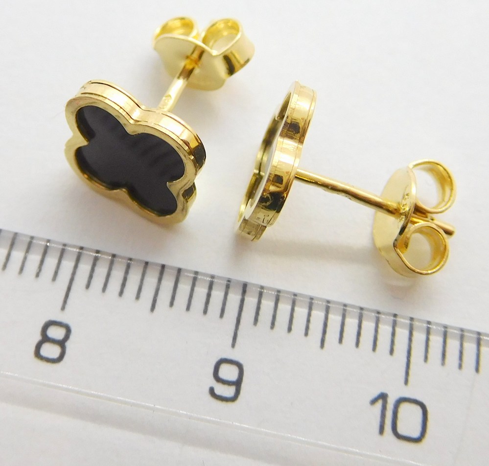 Klenoty Budín Dámské zlaté náušnice ze žlutého zlata s černým smaltem čtyřlístek 585/1,30gr HK2197