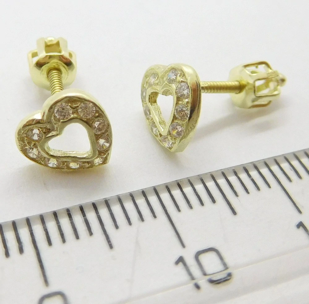 Klenoty Budín Dámské zlaté peckové náušnice srdce se zirkony na šroubek 585/1,33gr 03428