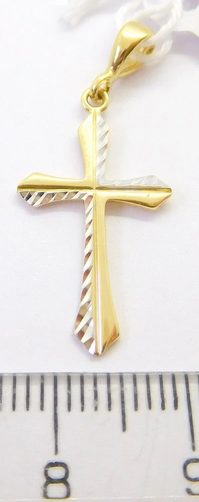 Klenoty Budín Dámský zlatý gravírovaný přívěsek z bílého a žlutého zlata křížek 585/0,89gr HK3257