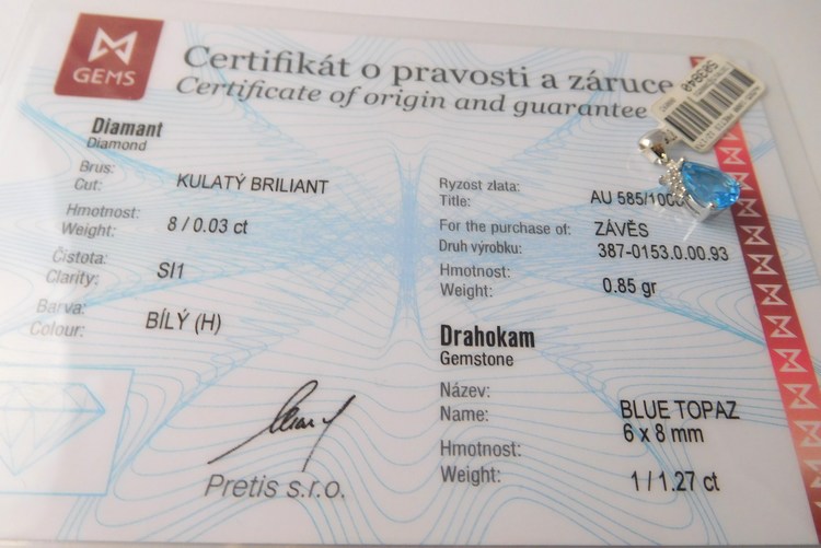 Klenoty Budín Zlatý diamantový přívěsek s brilianty a velkým modrým topazem 585/0,85gr 3870153