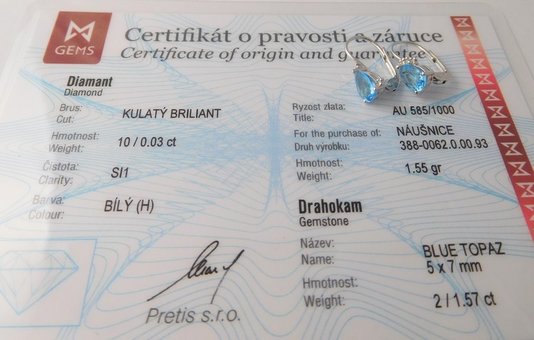 Klenoty Budín Zlaté diamantové náušnice s brilianty a modrými topazy 585/1,68gr 3880151