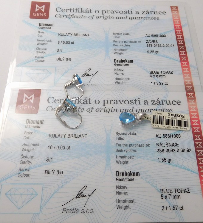 Klenoty Budín Zlatá diamantová souprava s brilianty a BLUE TOPAZY 585/2,40gr 3880062 a 3870153