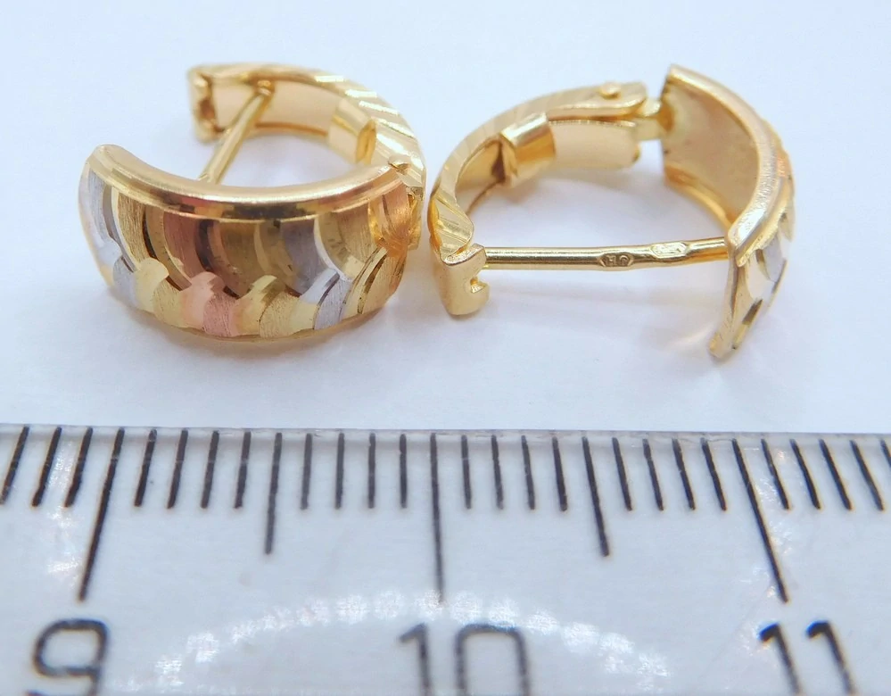 Klenoty Budín Dámské gravírované náušnice ze tří barev zlata na patent 585/2,23gr HK2498