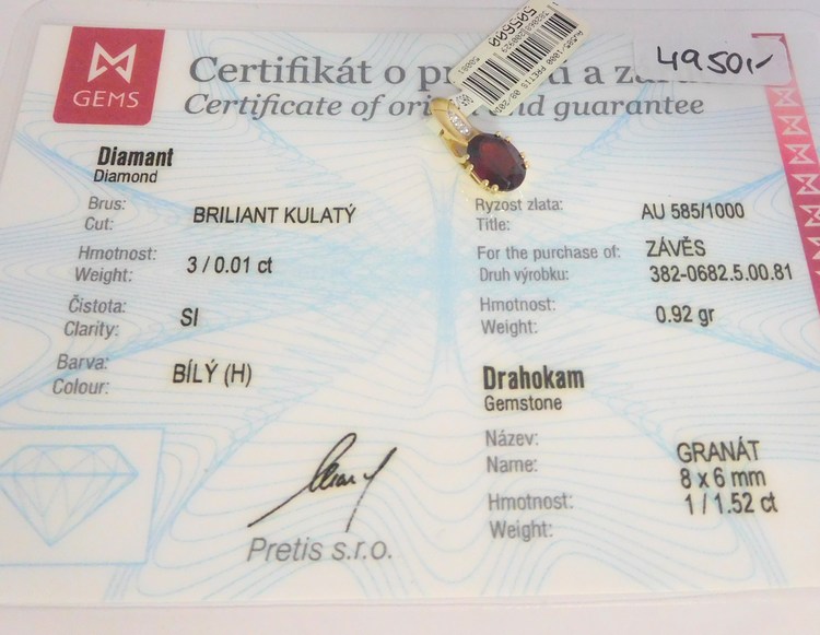 Zlatý diamantový přívěsek s diamantem a granátem 1,52CT 585/0,92gr 3820682