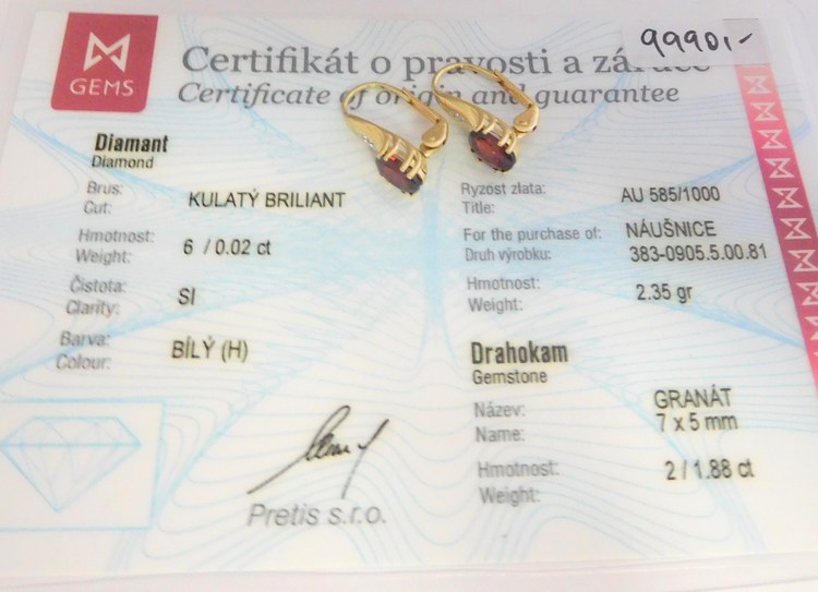 Diamantové zlaté náušnice s diamanty a granáty 2x1,88CT 585/2,35gr 3830905