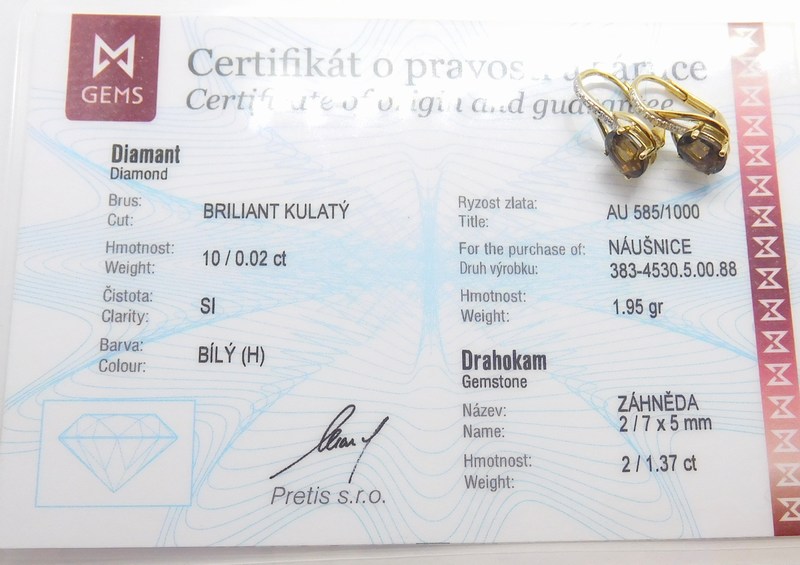 Klenoty Budín Diamantové zlaté náušnice s diamanty a záhnědami 2x1,37CT 585/1,95gr 3834530