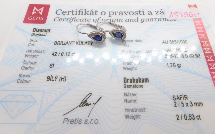 Klenoty Budín Diamantové zlaté náušnice s diamanty a modrými safíry 2x0,53CT 585/1,70gr 3881353