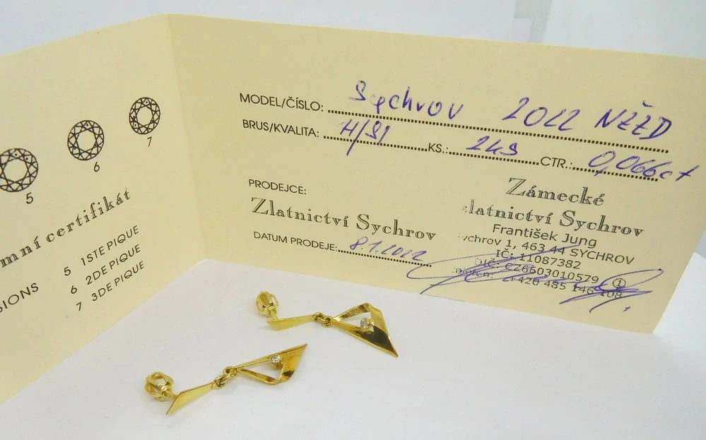 Klenoty Budín Dámské visací náušnice ze žlutého zlata s diamanty 2 x 0,066CT 585/1,96gr HKD47