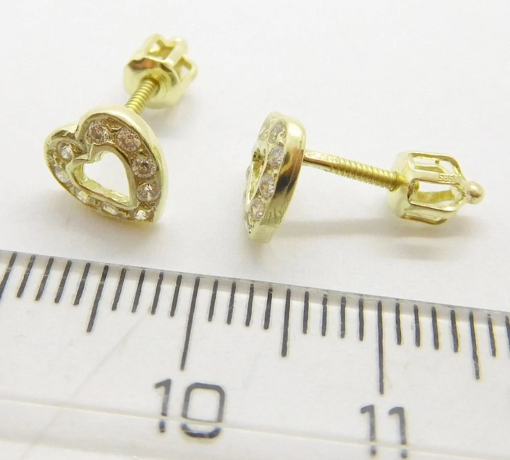 Klenoty Budín Dámské zlaté peckové náušnice srdce se zirkony na šroubek 585/1,33gr 03428