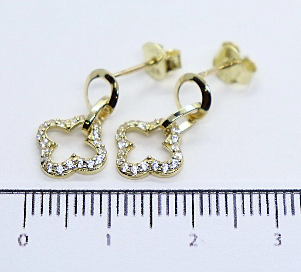 Klenoty Budín Dámské visací zlaté náušnice na puzetku se zirkony čtyřlístky 585/1,50gr HK2364