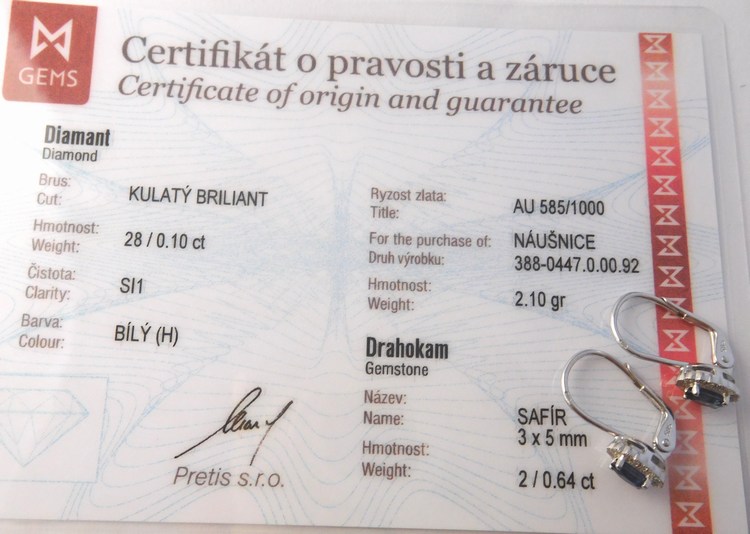 Luxusní diamantové náušnice z bílého zlata s modrými safíry 585/2,10gr 3880447