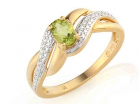 Prsten s diamantem, žluté zlato briliant, peridot (olivín) v kombinaci s lesklou