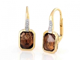 Diamantové náušnice, žluté zlato briliant, záhněda (smoky quartz)