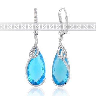 Diamantové náušnice, bílé zlato briliant, modrý topaz (blue topaz) - visací